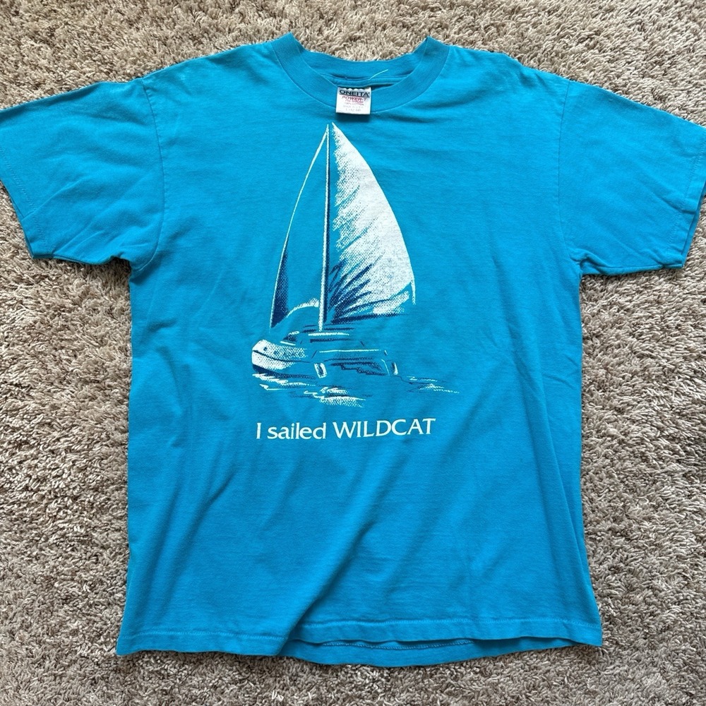 Vintage 90s Oneita Power-T Sailing T-Shirt Large Blue Single Stitch Wildcat